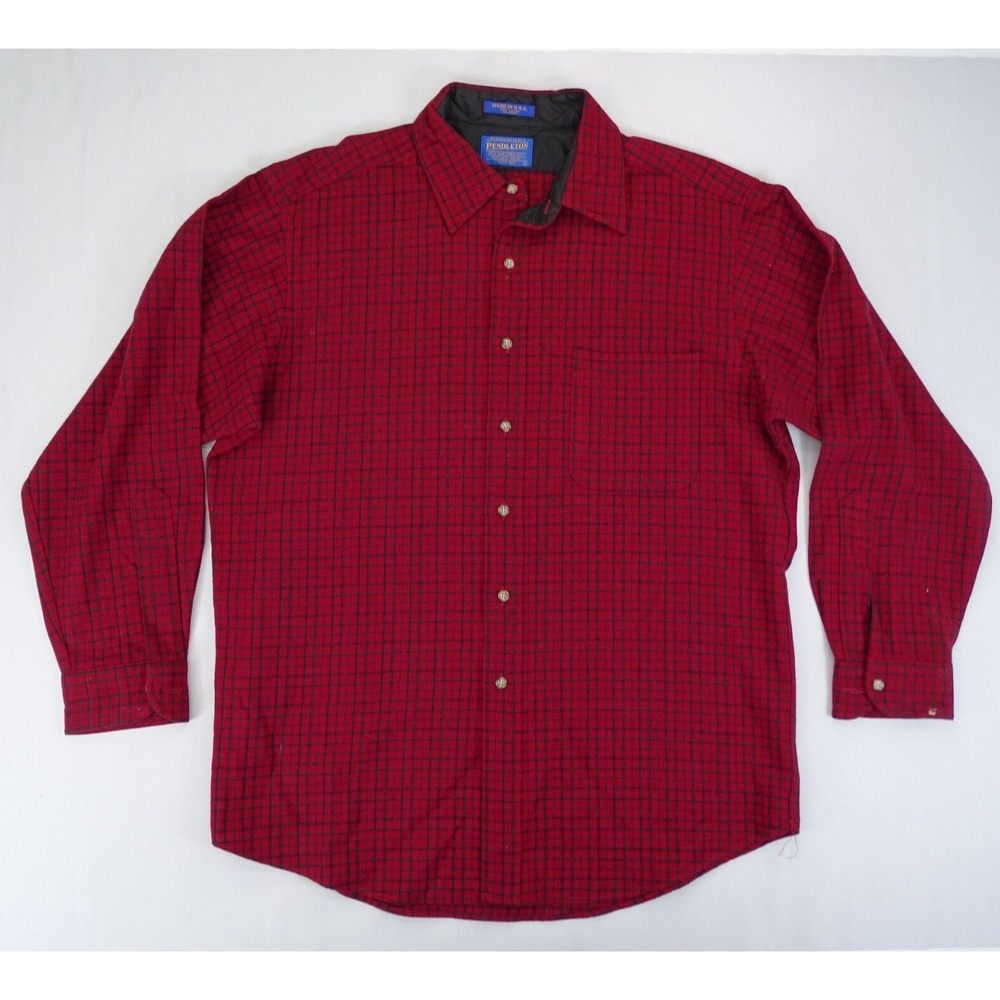 Pendleton Mens Red Blue Check Plaid Virgin Wool Button Down Shirt Sz L Vintage